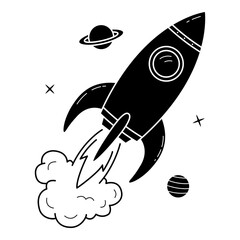 Rocket icon in glyph style. Spaceship icon in glyph style. Rocket Launching in Outer Space Exploration Concept