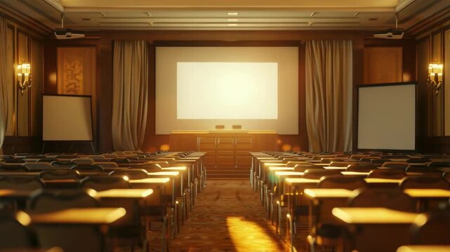 Video A typical classroom setup with rows of desks and a projector screen