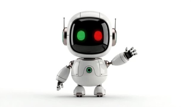 Friendly 3d rendered white robot character waving a greeting, depicting modern artificial intelligence and automation motion animated 4K video.