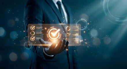 Person presenting glowing digital interface with checkmarks and data analysis charts in dark futuristic setting.