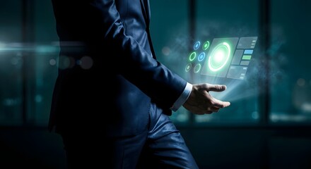 Person displaying futuristic data interface with glowing green screen in modern office environment.