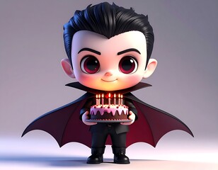 Chibi Vampire Celebrating with Birthday Cake and Candles.