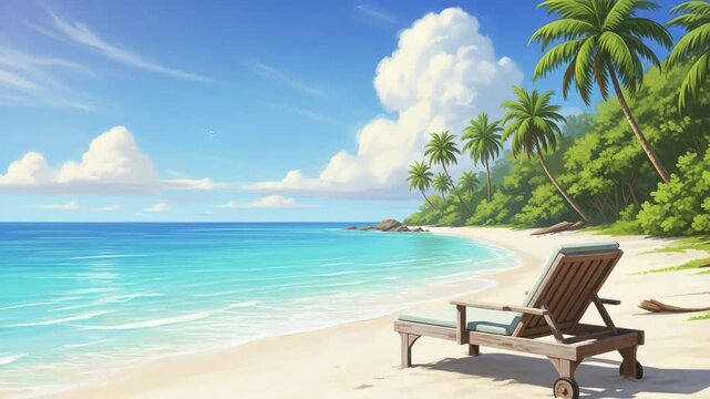 Serene tropical beach with empty lounge chair and palm trees motion animated 4K video.