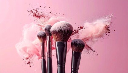 Makeup Brushes with Powder Explosion on Pink Background.