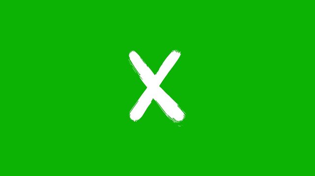 A large, hand-drawn style white cross (X) isolated on a green chroma key background. Perfect for use as a "close," "delete," or "wrong" button in video editing and app interface demos.