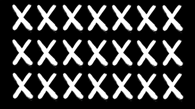 A repeating geometric pattern of hand-drawn style white crosses (X) on a black background. Ideal for modern graphic design, minimalist wallpapers, and edgy social media backgrounds.