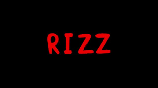 A bright red "RIZZ" internet slang expression in a playful handwritten style, isolated on a solid black background. This high-contrast graphic is perfect for dark-themed video overlays, night-mode soc