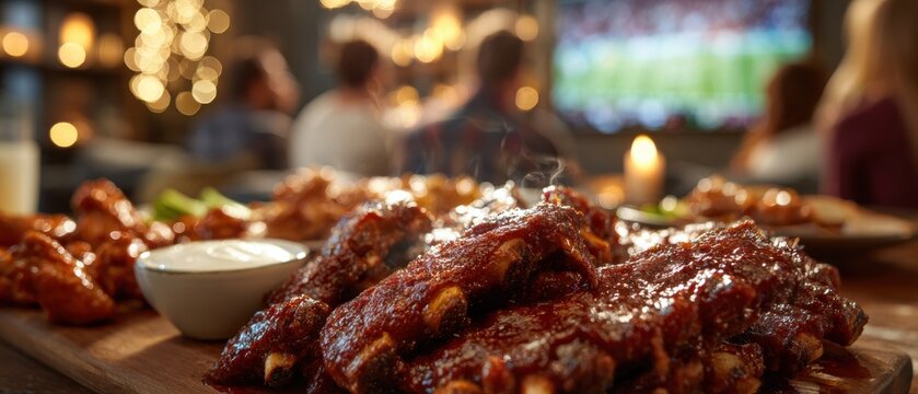 Delicious BBQ ribs and wings dinner on table at cozy home party with friends watching  american football on TV.