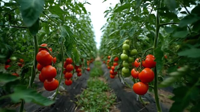 Rows of tomato plants with ripe red and developing green tomatoes growing in a field under a bright sky, showcasing agricultural cultivation.