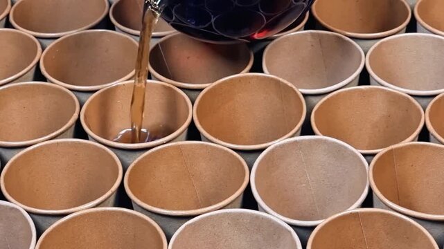 Pouring tea into disposable paper cups