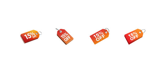 Collection of vibrant 15% off discount tags ready for various promotional offers