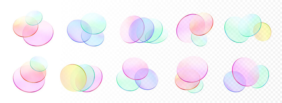 Set 3d glass round shape icon. Transparent circle podium, plate, disk, lens flying. Abstract color crystal element. Pastel gradient platform with glass morphism effect. Vector realistic illustration