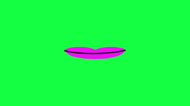A 2D flat animation of an open mouth with pink lips and white teeth isolated on a green screen. Designed for lip-syncing animations, voiceovers, or comedic video overlays.