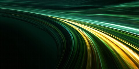 Swirling green and yellow light streaks create a dynamic abstract motion.