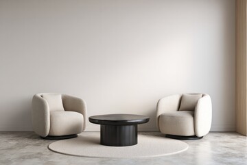 Two plush chairs and a round table are arranged in a minimalist room.