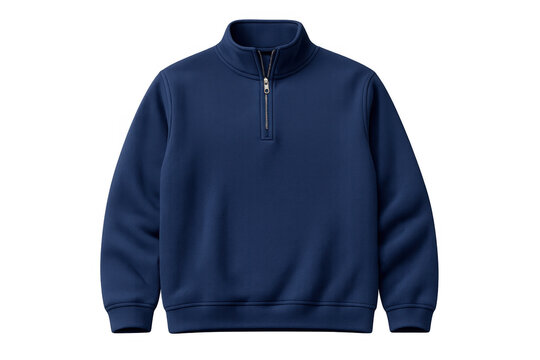 Navy blue quarter-zip sweatshirt featuring full sleeves and high collar, casual fleece pullover for everyday wear with transparent background