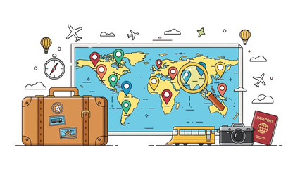 Vibrant travel planning scene with suitcase, map, and transportation icons