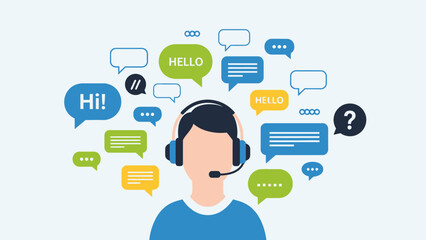 Customer service representative with headset and chat bubbles