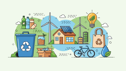 Eco friendly living concept with recycling symbols and renewable energy sources