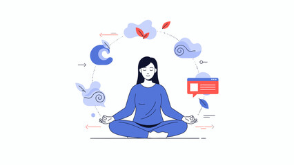 Woman meditating peacefully with digital elements and leaves floating around her