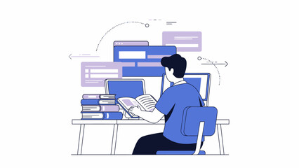 Man studying intently with laptop and books in modern workspace