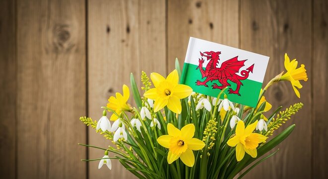 St david's day celebration with daffodils and welsh flag