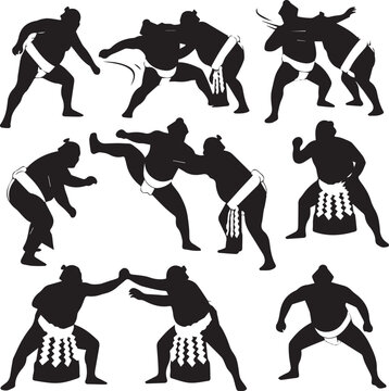 Sumo Wrestler Silhouettes Set, Japanese Traditional Martial Arts Figures and Action Poses