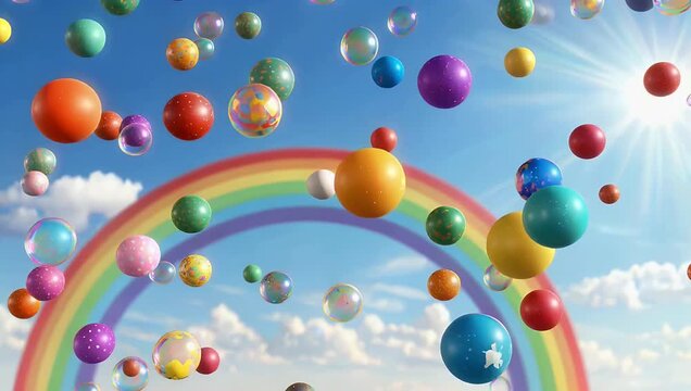 Fun cartoon style abstract animation filled with colorful bouncing balls bubbles creating lively rainbow themed scene rendered playful cinematic 4K motion 