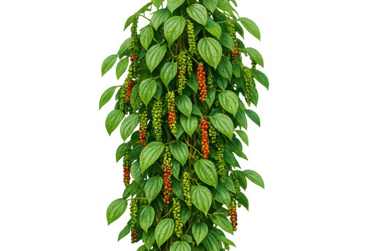 Black pepper plant with green leaves and ripening peppercorns on vines, transparent background