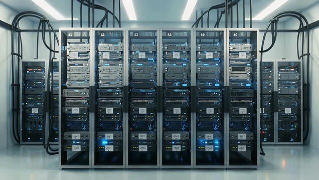 High tech 3D rendering of cloud computing infrastructure showing modern server room data center visualizing storage backup hosting systems cinematic 4K 