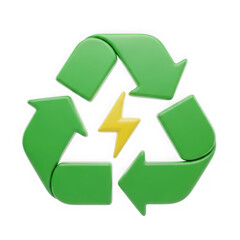 Green recycling symbol with yellow lightning bolt isolated on transparent background