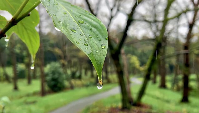 Relaxing 4K close up of raindrops slowly dripping from fresh green leaves forming calm meditation style background with natural 
