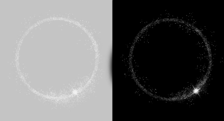 silver glitter cirlce frame with sparkling stars isolated on transparent background illustration, luxury metallic border, clip art, png.	