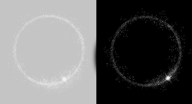 silver glitter cirlce frame with sparkling stars isolated on transparent background illustration, luxury metallic border, clip art, png.	