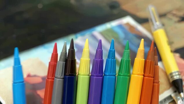 Colorful time lapse animation of multicolored pens flipping shifting positions creating playful vibrant motion sequence rendered sharp cinematic ultra HD 4K 