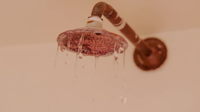 Vintage shower head in Morocco, rustic bathroom old design and cultural heritage, Moroccan plumbing, problem water in supply run out, antique copper shower fixture