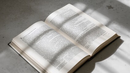 Fototapeta premium Open Book on a Table With Shadow Patterns From Nearby Objects in a Well-Lit Room
