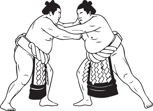 Sumo Wrestlers Illustration, Traditional Japanese Martial Arts Athletes in Mawashi, Black and White Vector Art