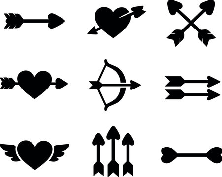 Cupid Arrow Icons. Solid black filled vector icon set of cupid arrow icons, minimal geometric shapes, bold silhouette style,