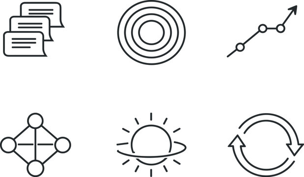 Repetition Concept Icons. Line style vector icons of repetition-driven plausibility: multiplied message blocks, echo-contour ring,