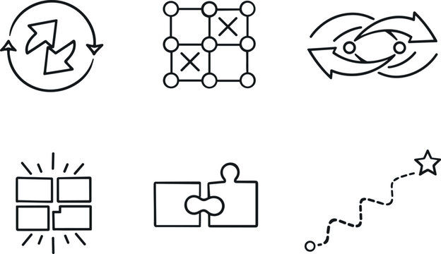 Cognitive Shift Icons. Line style icons of cognitive shift: perspective-flip arrow, pattern-recognition grid, concept realignment