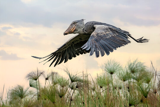 Shoebill Stork, Balaeniceps rex, flying over the papyrus Mabamba swamp, Lake Victoria, Uganda, Africa