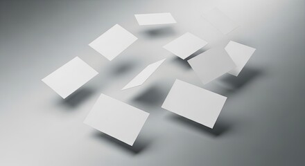 Scattered Blank White Business Cards Floating in Air, Abstract 3D Render on Gradient Gray Background

