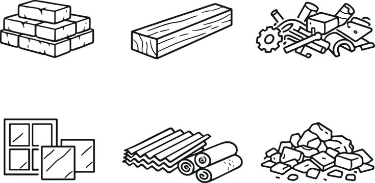 Material Streams Icons. Line style icons of material streams: reclaimed brick stack, salvaged timber beam, metal scrap outline,