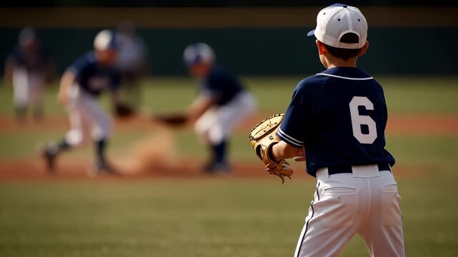 Young baseball player in blue jersey number six standing ready on sunny field with glove, watching blurred game action in background illustrating youth sports competition