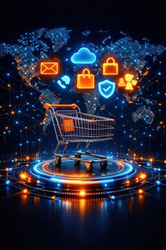 Background image on the theme of mobile commerce, a glowing smartphone in the center, a cart icon, above it, a hologram of icons of cards, delivery, chat, social networks, clouds and a world map diver