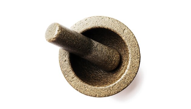 A stone mortar and pestle with natural rough texture, detailed realism, captured in a studio top view setting.