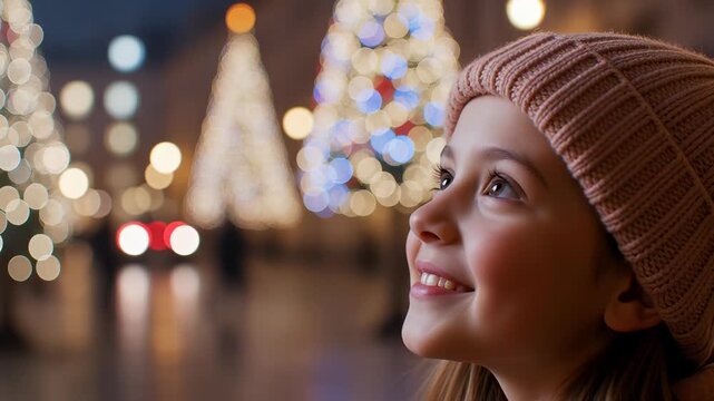 Happy young girl in a knitted hat looking up with wonder at bright Christmas lights in a blurred city square at night, capturing the magic of the holiday season.