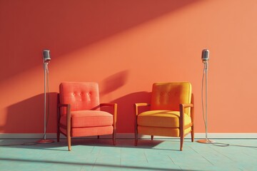 Two vintage chairs and microphones stand against an orange wall.
