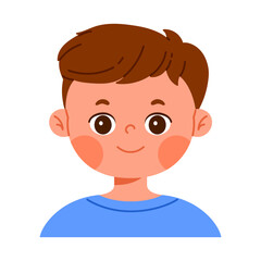 Cute happy boy character smiling. Facial expression concept. Friendly child avatar with positive emotion. Isolated vector illustration in cartoon style